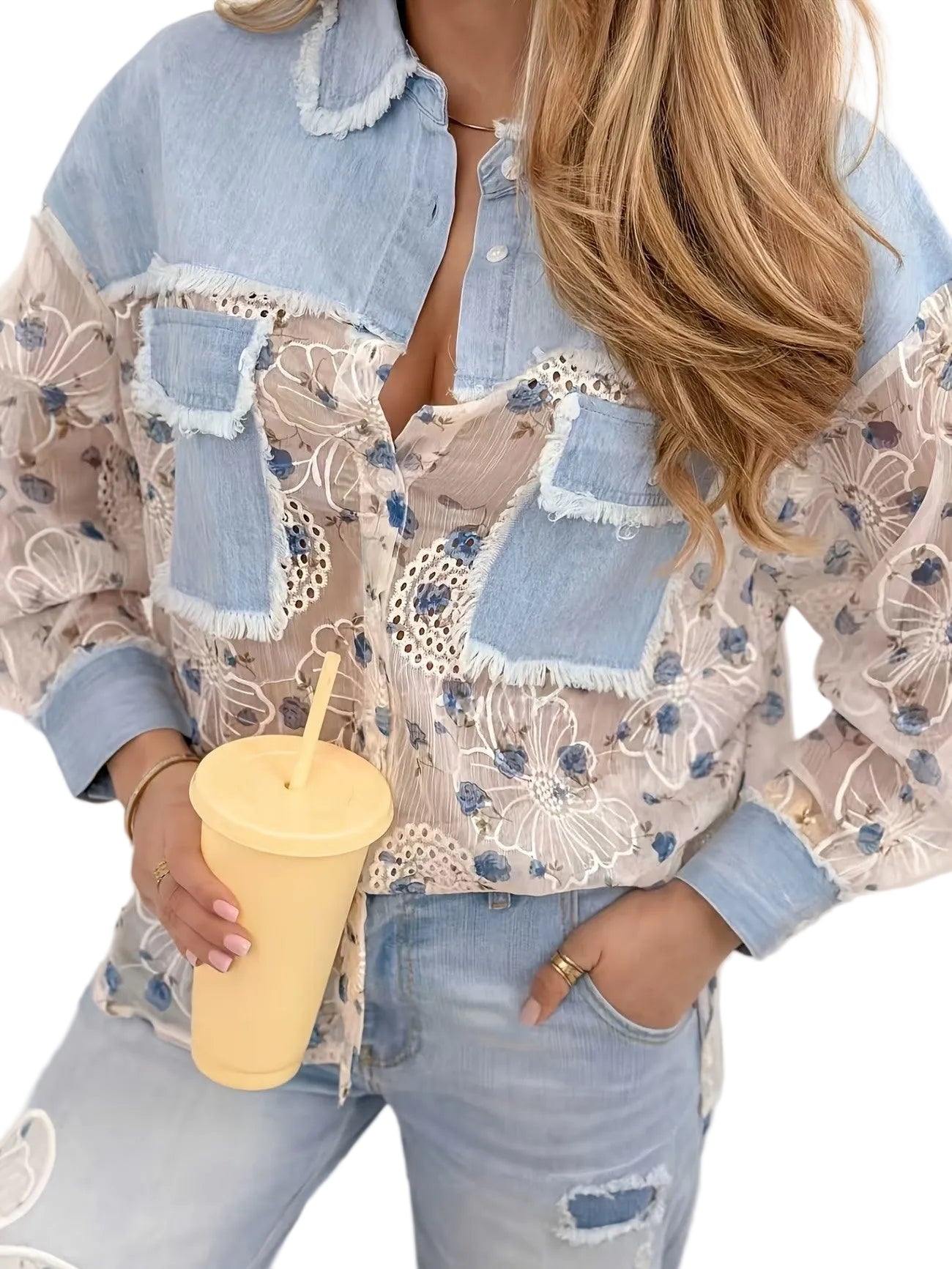 Women's Embroidered Mesh Panel Button-Front Shirt