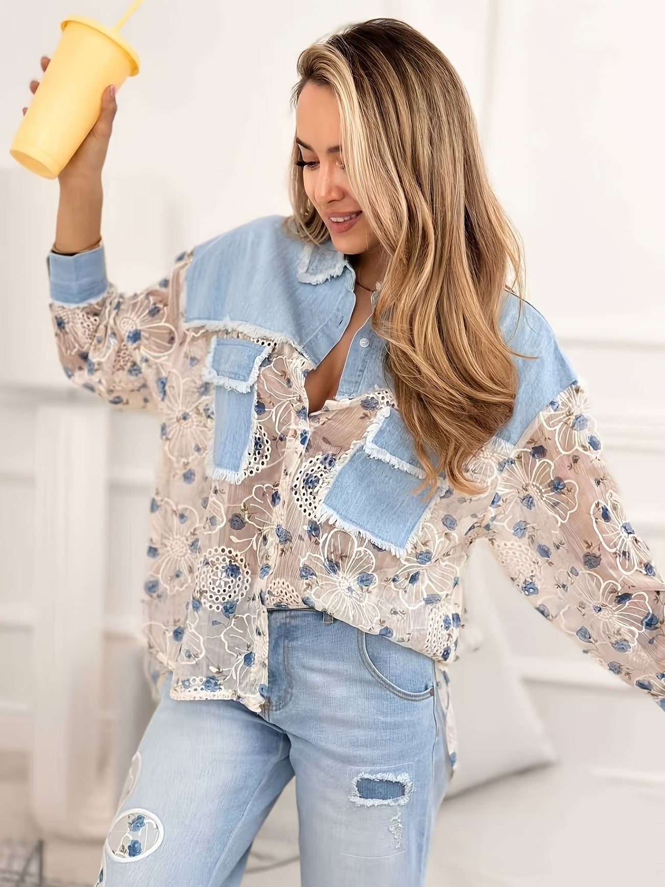 Women's Embroidered Mesh Panel Button-Front Shirt