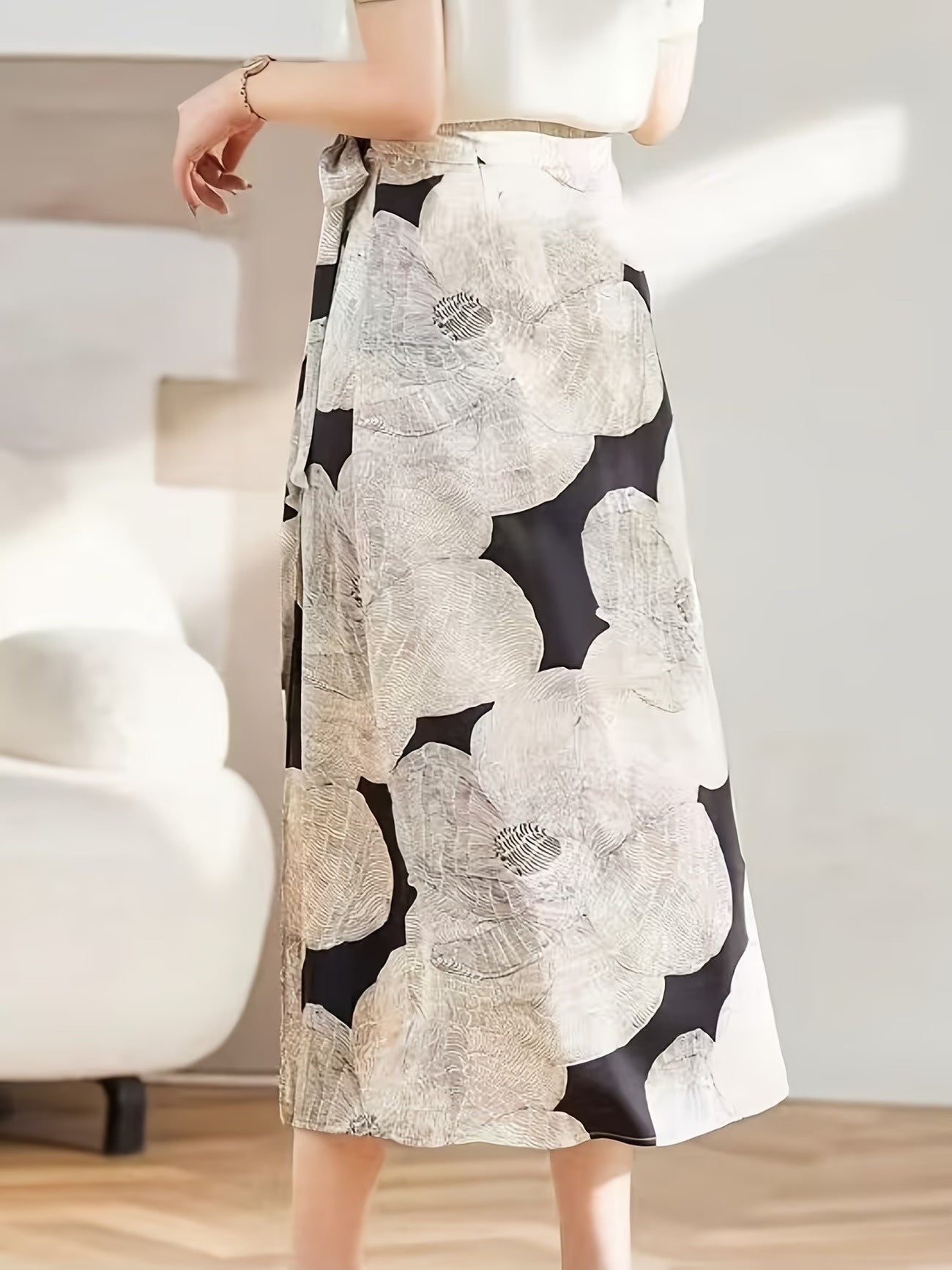 Women's High-Waisted Floral Wrap Midi Skirt