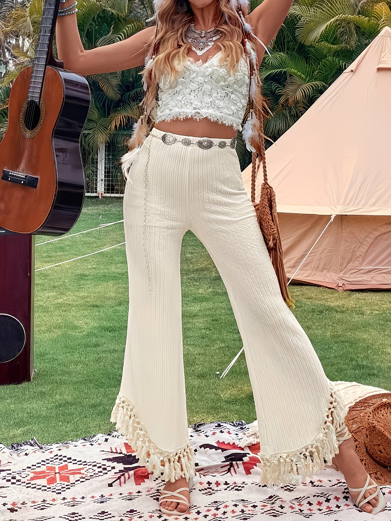 Women's Ribbed Wide-Leg Pants with Tassel Trim