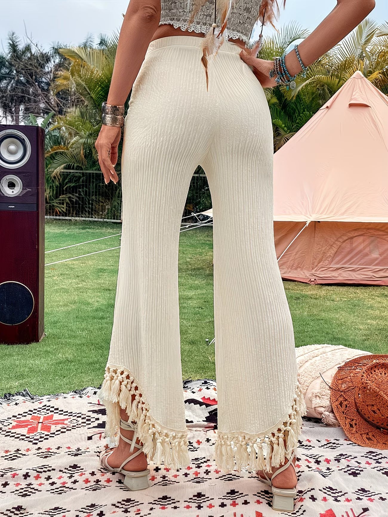 Women's Ribbed Wide-Leg Pants with Tassel Trim